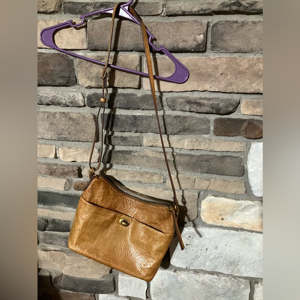 Elegant Margot Embossed Pattern Tan Leather Crossbody Bag
